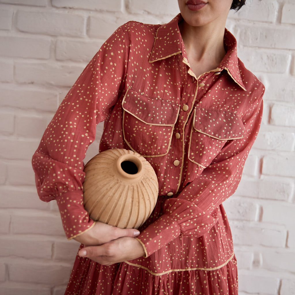 Rose Meadow Shirt at Kamakhyaa by Taro. This item is Artisan made, Cotton Mulmul, Red, Shirts, Under $150, Whispers of Summer by Taro