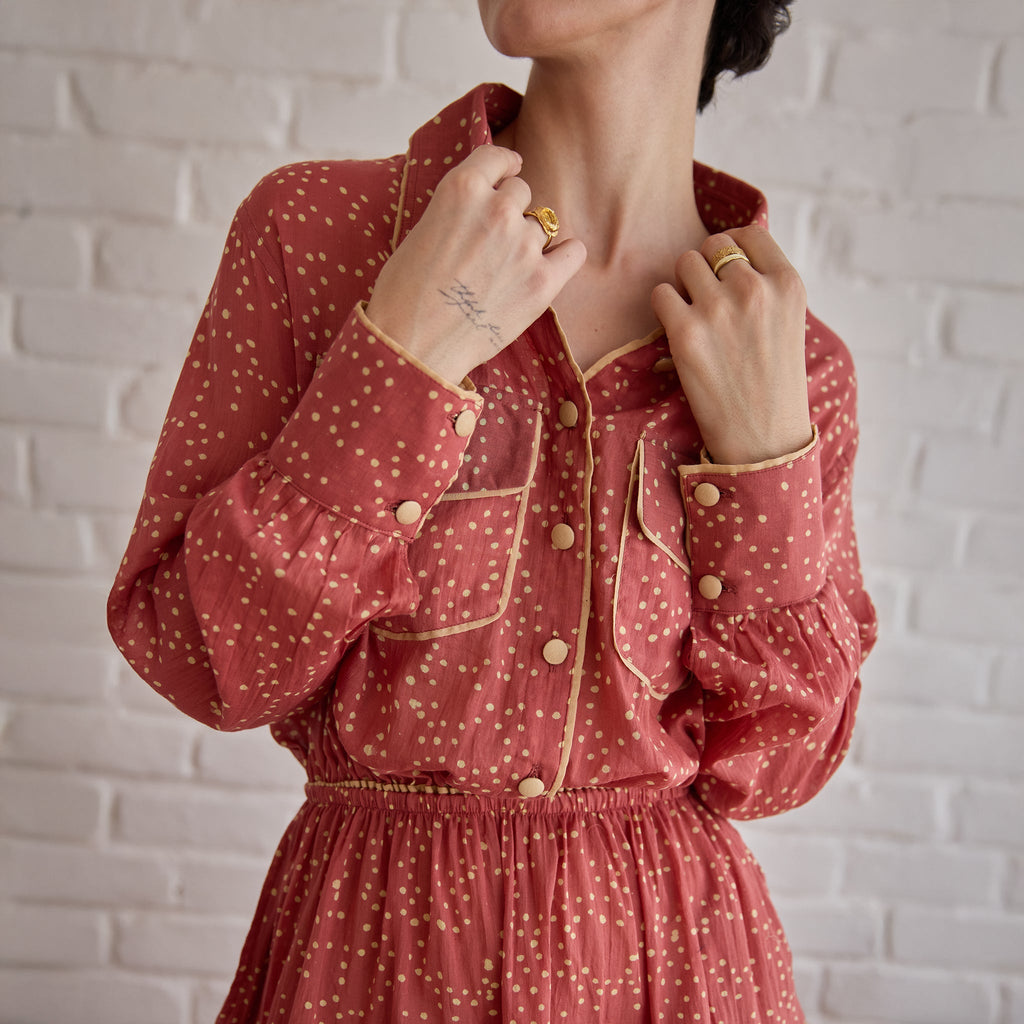 Rose Meadow Shirt at Kamakhyaa by Taro. This item is Artisan made, Cotton Mulmul, Red, Shirts, Under $150, Whispers of Summer by Taro