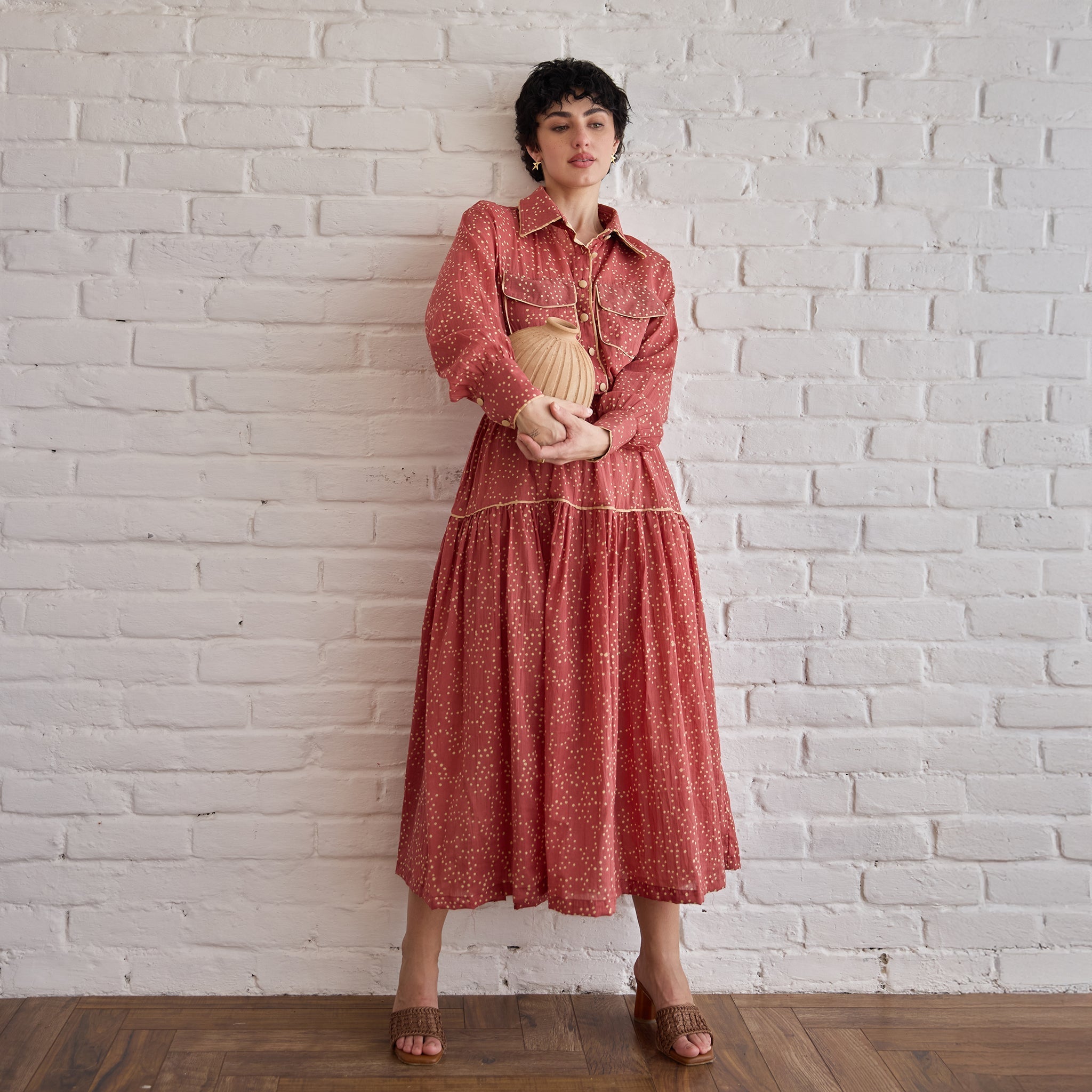 Rose Whisper at Kamakhyaa by Taro. This item is Artisan made, Cotton Mulmul, Red, Shirt Dresses, Whispers of Summer by Taro