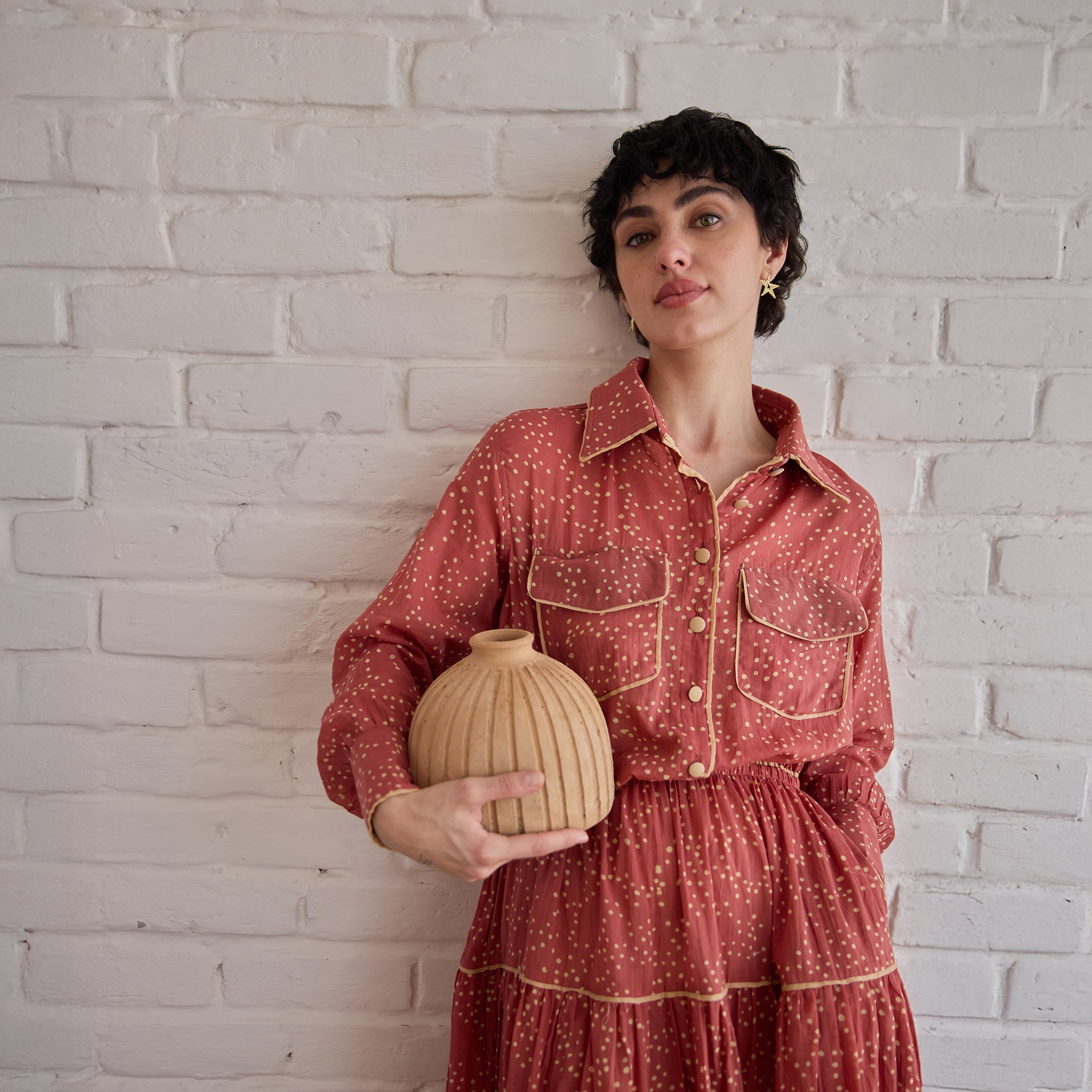 Rose Whisper at Kamakhyaa by Taro. This item is Artisan made, Cotton Mulmul, Red, Shirt Dresses, Whispers of Summer by Taro