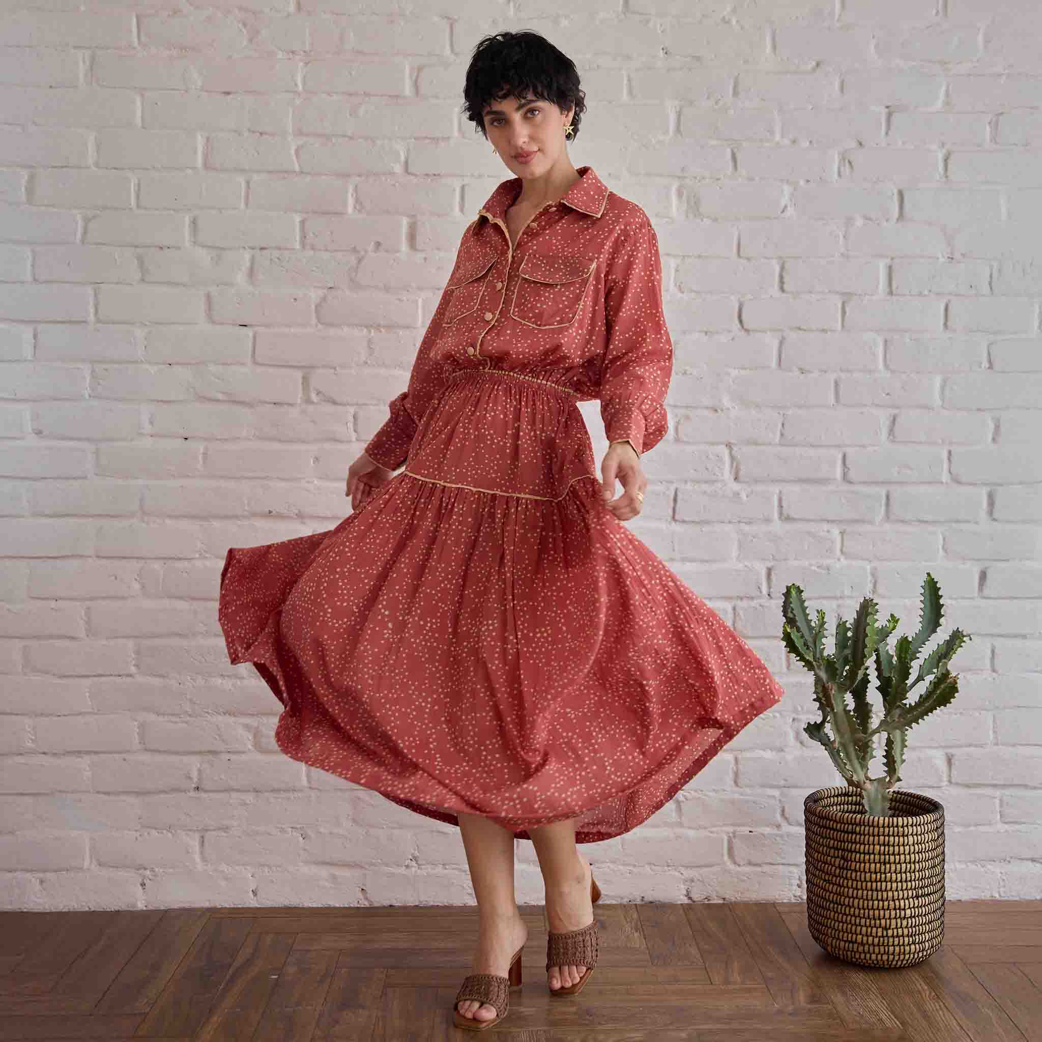 Rose Whisper at Kamakhyaa by Taro. This item is Artisan made, Cotton Mulmul, Red, Shirt Dresses, Whispers of Summer by Taro