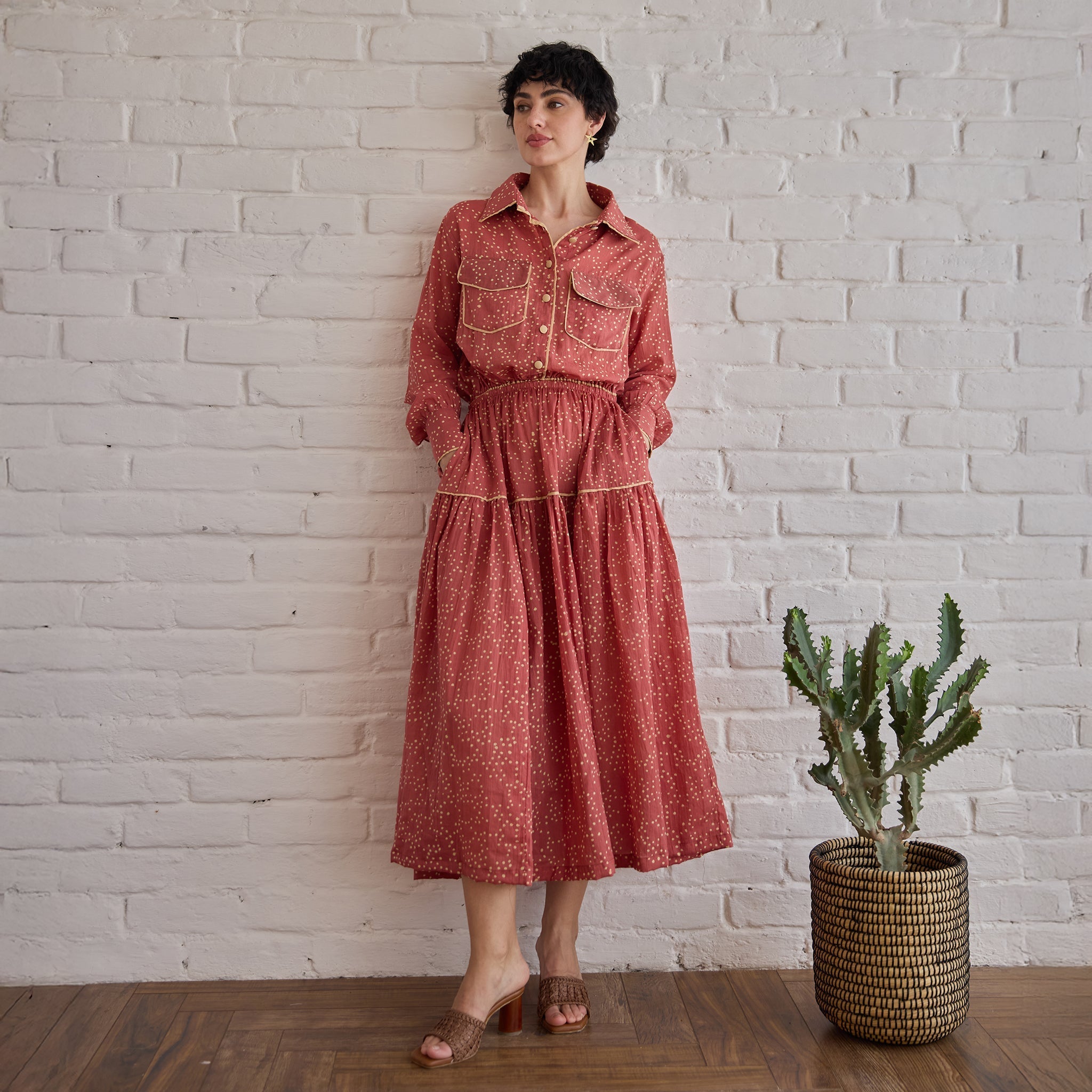 Rose Whisper at Kamakhyaa by Taro. This item is Artisan made, Cotton Mulmul, Red, Shirt Dresses, Whispers of Summer by Taro
