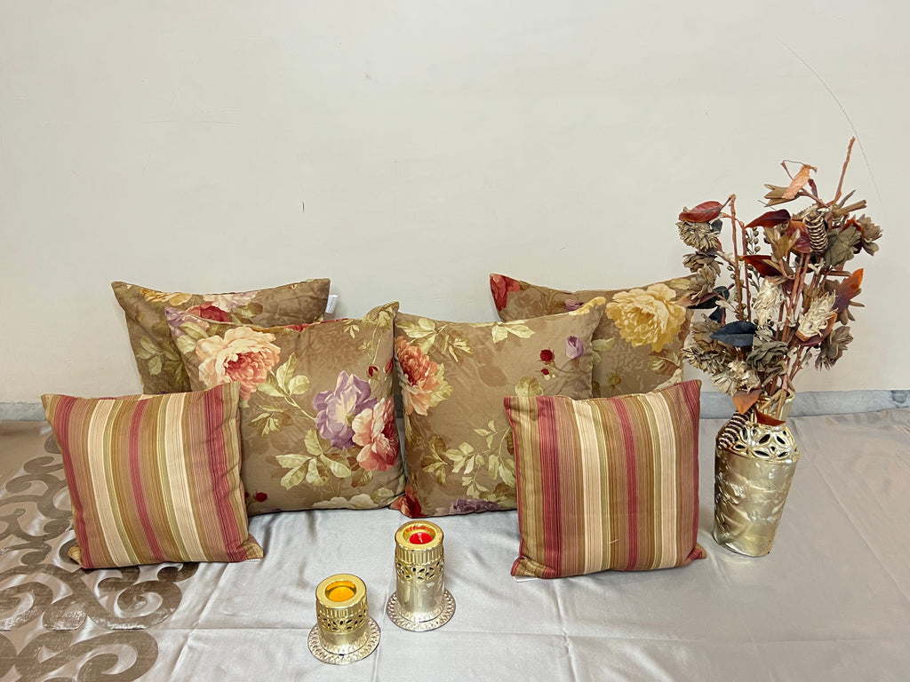 Roseline Cushion Cover Sets at Kamakhyaa by Aetherea. This item is Cotton, Cushion covers, Floral, Home, Printed, Stripes, Upcycled