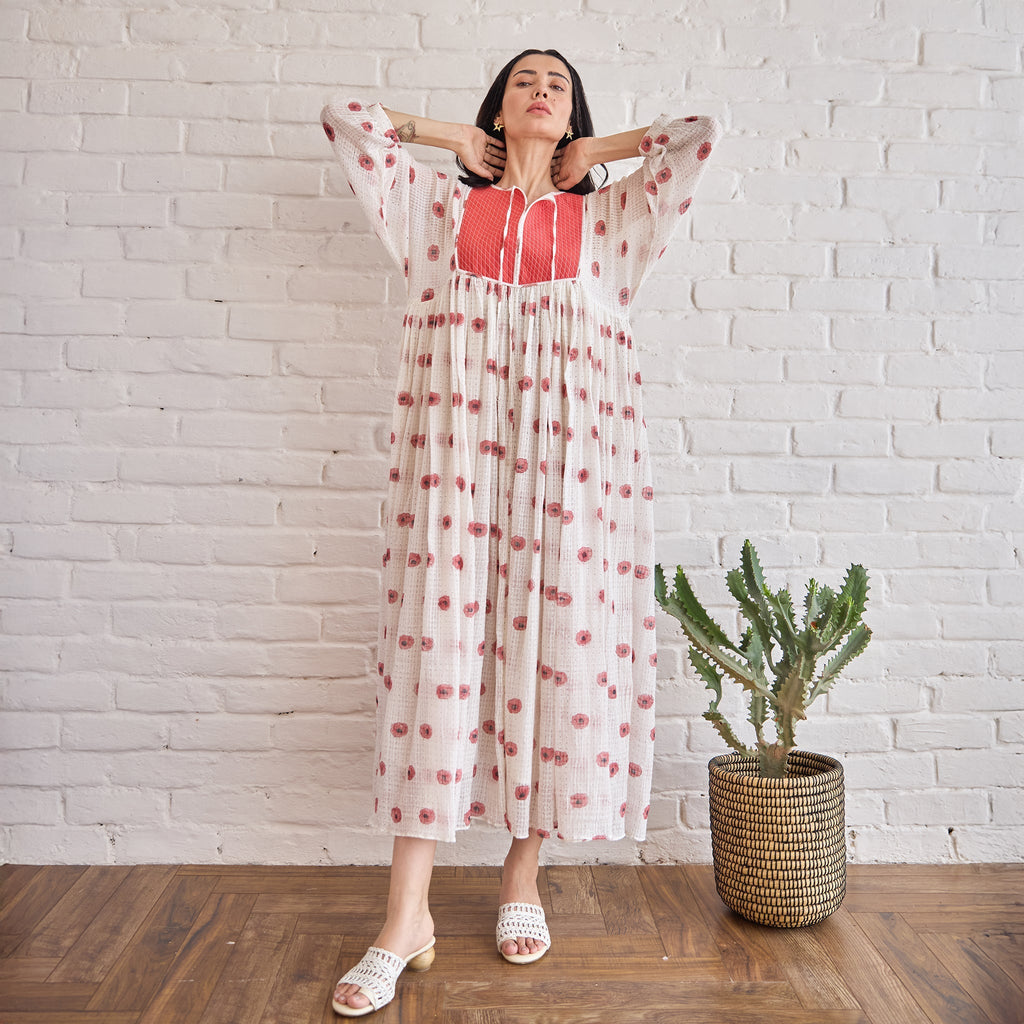 Roselle at Kamakhyaa by Taro. This item is Artisan made, Dresses, Handblock Printed, Handwoven Chanderi Silk, Indie Bloom by Taro, Red, Relaxed Fit, Shirt Dresses, Under $50, White