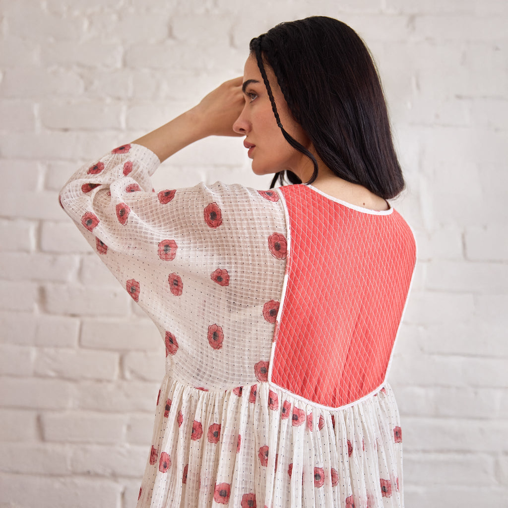 Roselle at Kamakhyaa by Taro. This item is Artisan made, Dresses, Handblock Printed, Handwoven Chanderi Silk, Indie Bloom by Taro, Red, Relaxed Fit, Shirt Dresses, Under $50, White