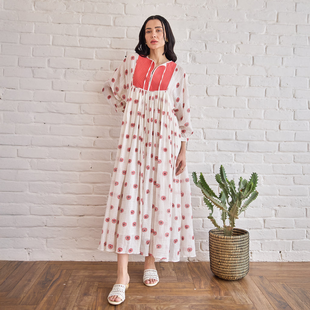 Roselle at Kamakhyaa by Taro. This item is Artisan made, Dresses, Handblock Printed, Handwoven Chanderi Silk, Indie Bloom by Taro, Red, Relaxed Fit, Shirt Dresses, Under $50, White