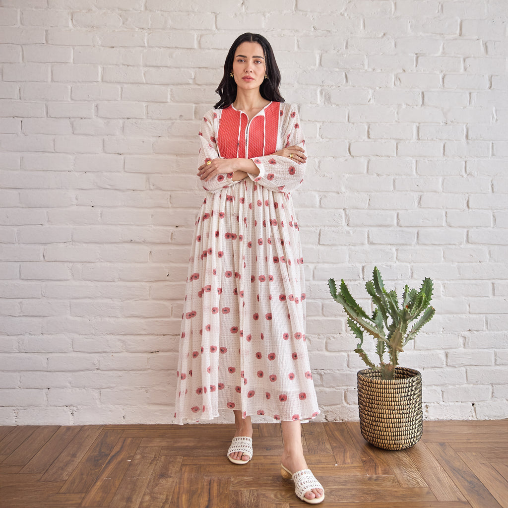 Roselle at Kamakhyaa by Taro. This item is Artisan made, Dresses, Handblock Printed, Handwoven Chanderi Silk, Indie Bloom by Taro, Red, Relaxed Fit, Shirt Dresses, Under $50, White