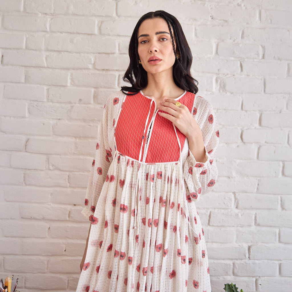 Roselle at Kamakhyaa by Taro. This item is Artisan made, Dresses, Handblock Printed, Handwoven Chanderi Silk, Indie Bloom by Taro, Red, Relaxed Fit, Shirt Dresses, Under $50, White