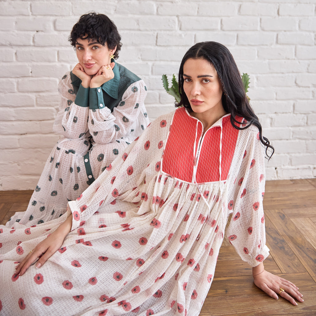 Roselle at Kamakhyaa by Taro. This item is Artisan made, Dresses, Handblock Printed, Handwoven Chanderi Silk, Indie Bloom by Taro, Red, Relaxed Fit, Shirt Dresses, Under $50, White