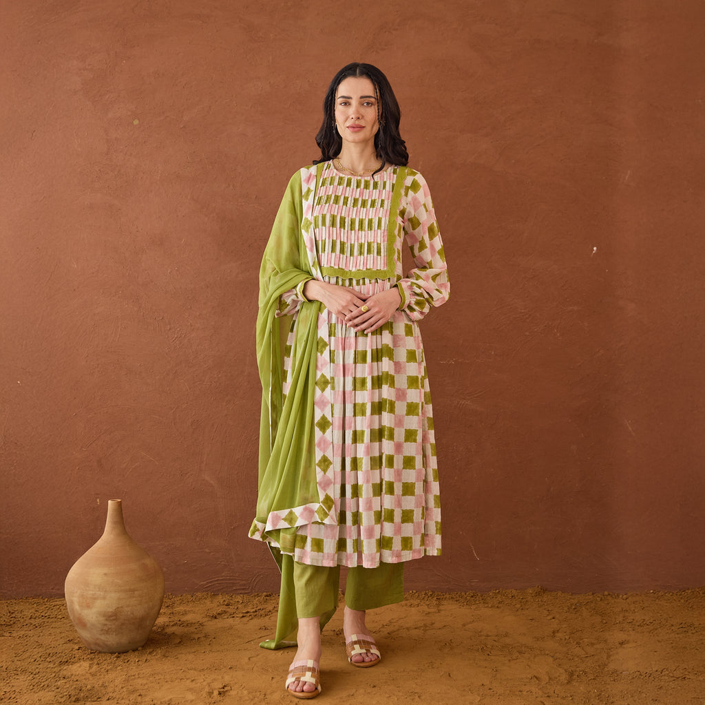 Rosewood Plaid at Kamakhyaa by Taro. This item is Artisan made, Cotton Mulmul, Green, Handblock Printed, Kurta Set with Dupattas, Whispers of Summer by Taro