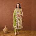 Rosewood Plaid at Kamakhyaa by Taro. This item is Artisan made, Cotton Mulmul, Green, Handblock Printed, Kurta Set with Dupattas, Whispers of Summer by Taro