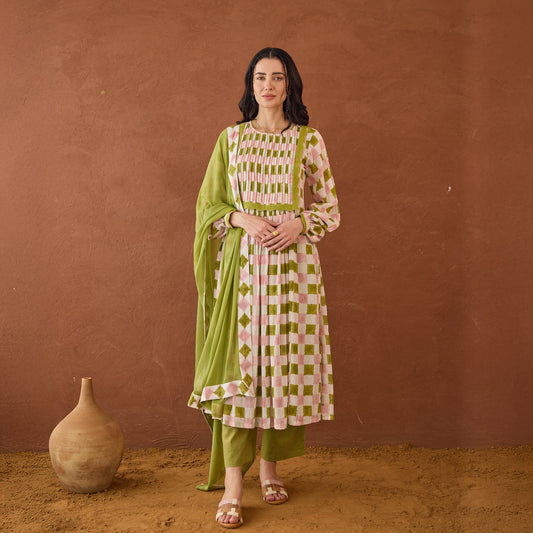 Rosewood Plaid at Kamakhyaa by Taro. This item is Artisan made, Cotton Mulmul, Green, Handblock Printed, Kurta Set with Dupattas, Whispers of Summer by Taro