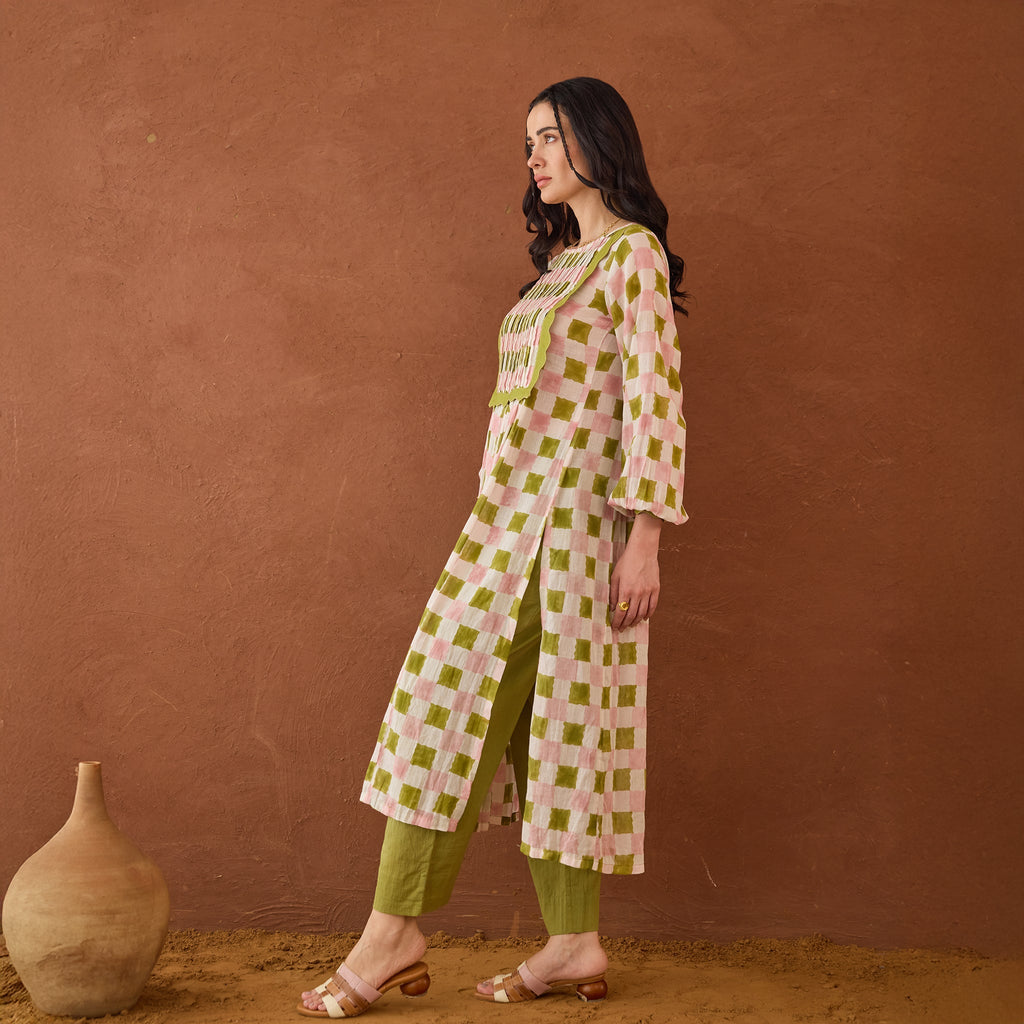 Rosewood Plaid at Kamakhyaa by Taro. This item is Artisan made, Cotton Mulmul, Green, Handblock Printed, Kurta Set with Dupattas, Whispers of Summer by Taro