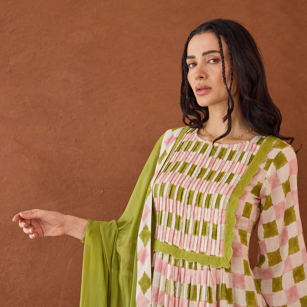 Rosewood Plaid at Kamakhyaa by Taro. This item is Artisan made, Cotton Mulmul, Green, Handblock Printed, Kurta Set with Dupattas, Whispers of Summer by Taro