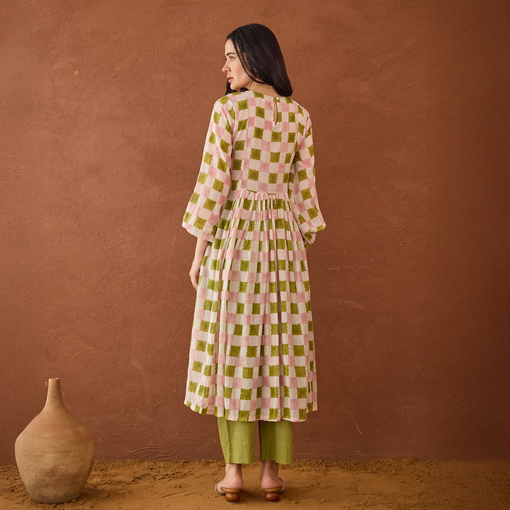 Rosewood Plaid at Kamakhyaa by Taro. This item is Artisan made, Cotton Mulmul, Green, Handblock Printed, Kurta Set with Dupattas, Whispers of Summer by Taro