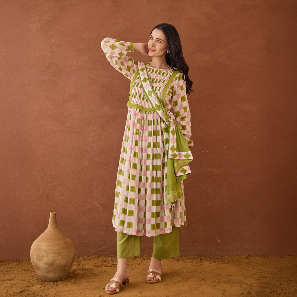 Rosewood Plaid at Kamakhyaa by Taro. This item is Artisan made, Cotton Mulmul, Green, Handblock Printed, Kurta Set with Dupattas, Whispers of Summer by Taro