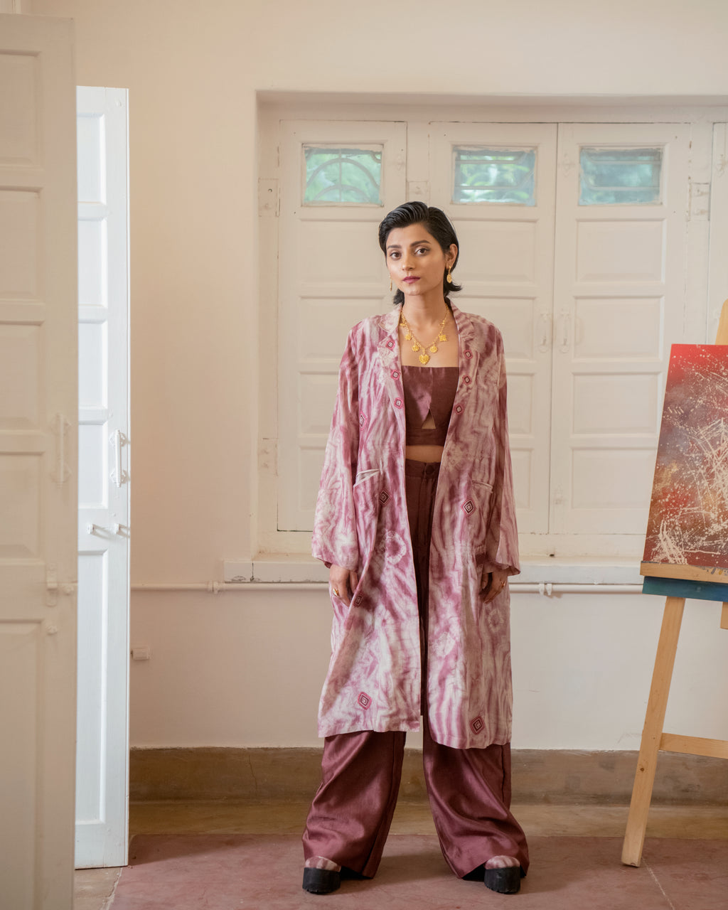 Rosewood Three Piece Set at Kamakhyaa by The Loom Art. This item is Casual Wear, Chanderi Silk, Co-ord Sets, Cotton Silk, July Sale, July Sale 2023, Lucid Dreams, Luicid Dream, Office, Office Wear, Office Wear Co-ords, Organic, party, Party Wear Co-ords, Pink, Relaxed Fit, Solids, Womenswear