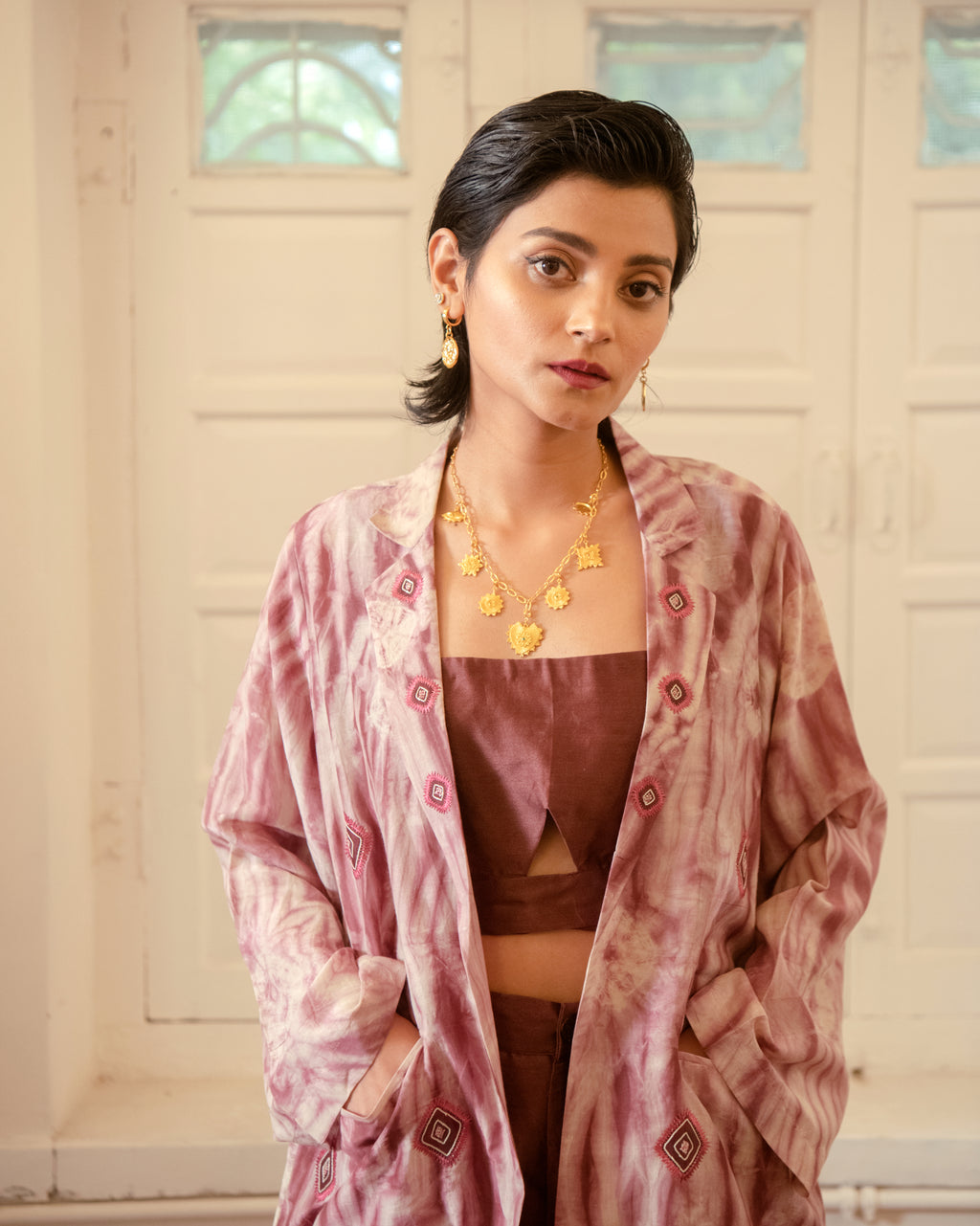Rosewood Three Piece Set at Kamakhyaa by The Loom Art. This item is Casual Wear, Chanderi Silk, Co-ord Sets, Cotton Silk, July Sale, July Sale 2023, Lucid Dreams, Luicid Dream, Office, Office Wear, Office Wear Co-ords, Organic, party, Party Wear Co-ords, Pink, Relaxed Fit, Solids, Womenswear