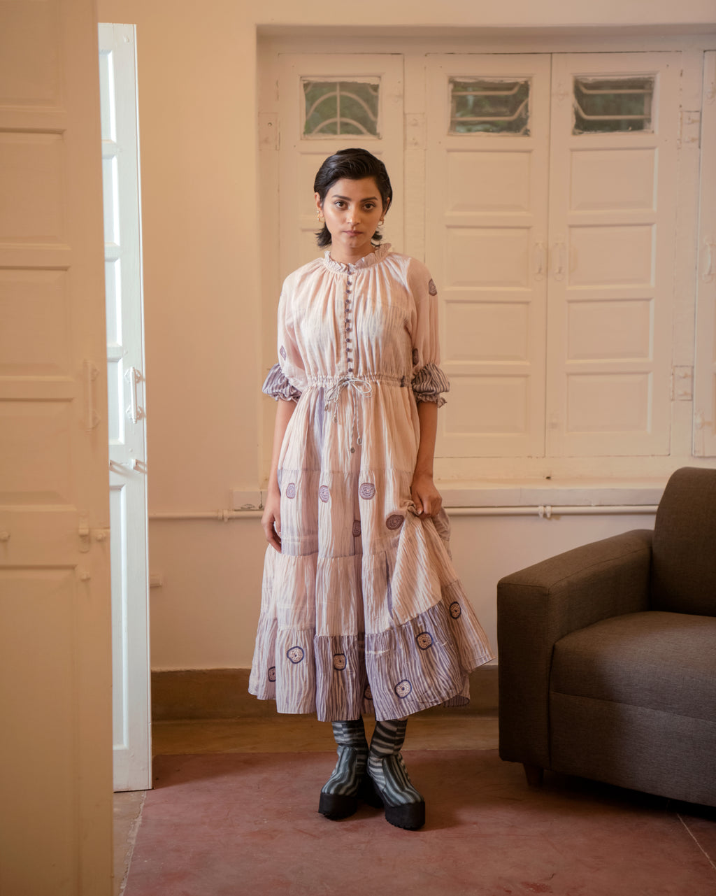 Rosy Ballet at Kamakhyaa by The Loom Art. This item is Casual Wear, Embroidered, Handwoven Cotton Silk, July Sale, July Sale 2023, Lucid Dreams, Luicid Dream, Office, Office Wear, Organic, Pink, Tiered Dresses, Womenswear