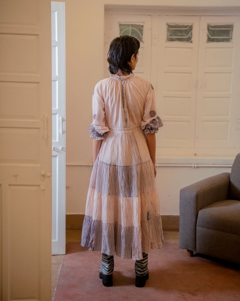 Rosy Ballet at Kamakhyaa by The Loom Art. This item is Casual Wear, Embroidered, Handwoven Cotton Silk, July Sale, July Sale 2023, Lucid Dreams, Luicid Dream, Office, Office Wear, Organic, Pink, Tiered Dresses, Womenswear