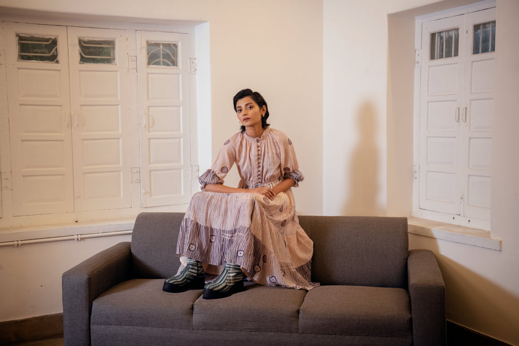 Rosy Ballet at Kamakhyaa by The Loom Art. This item is Casual Wear, Embroidered, Handwoven Cotton Silk, July Sale, July Sale 2023, Lucid Dreams, Luicid Dream, Office, Office Wear, Organic, Pink, Tiered Dresses, Womenswear