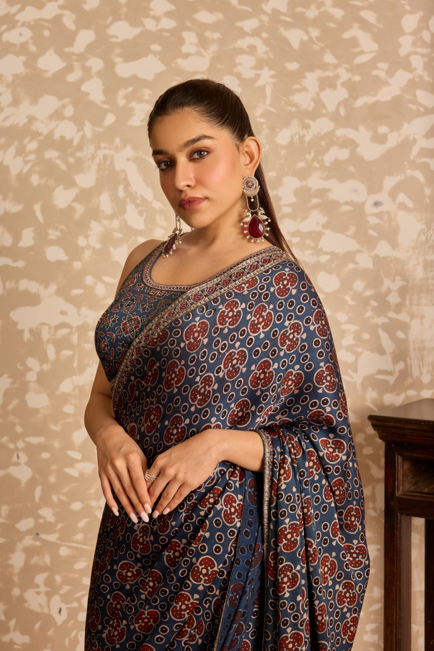 Round neck blouse with saree at Kamakhyaa by Akashi Clothing. This item is Ajrakh by Akashi Clothing, Under $150