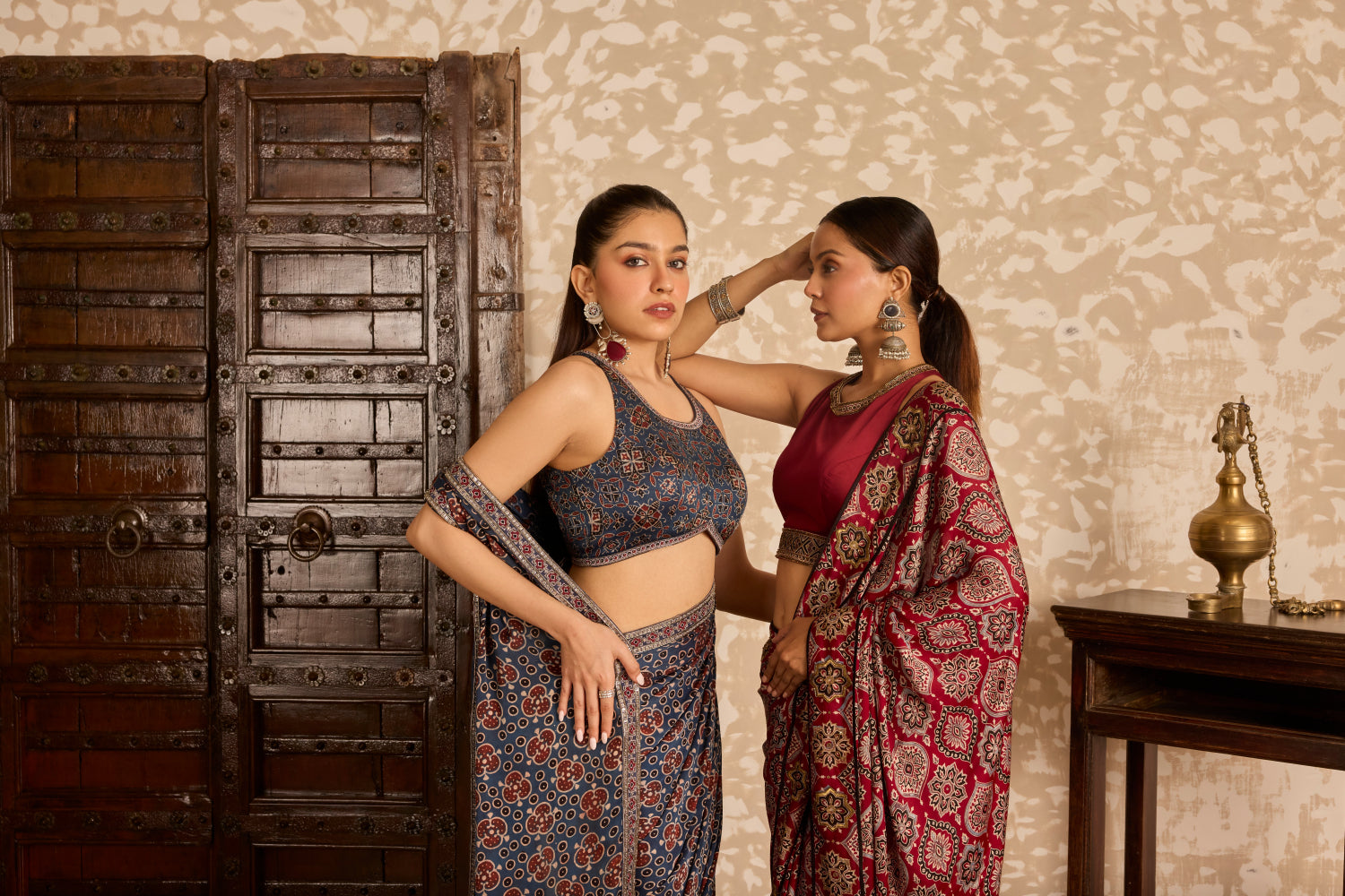 Round neck blouse with saree at Kamakhyaa by Akashi Clothing. This item is Ajrakh by Akashi Clothing, Under $150