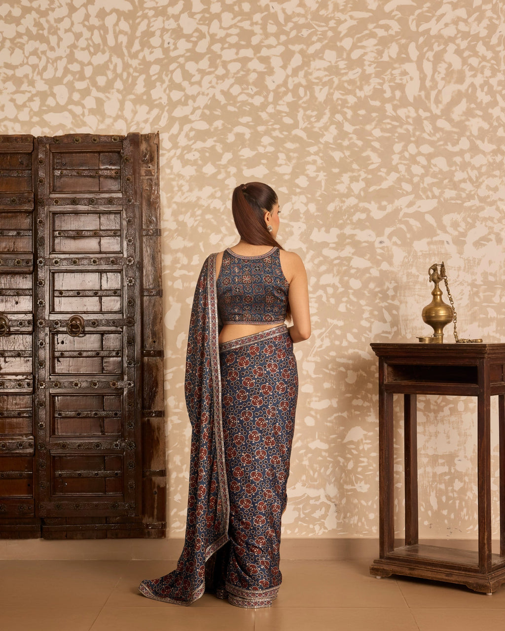 Round neck blouse with saree at Kamakhyaa by Akashi Clothing. This item is Ajrakh by Akashi Clothing, Under $150