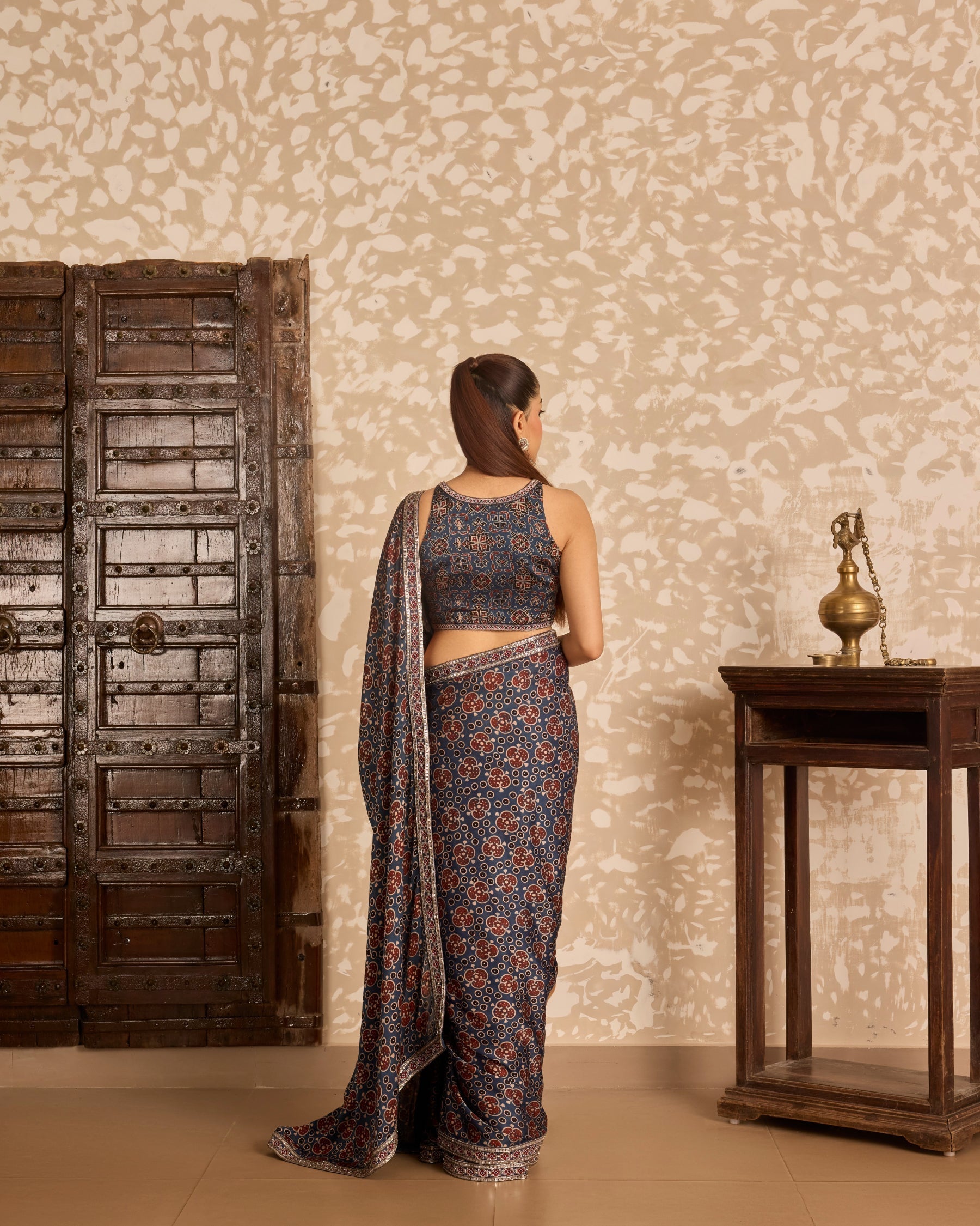 Round neck blouse with saree at Kamakhyaa by Akashi Clothing. This item is Ajrakh by Akashi Clothing, Under $150