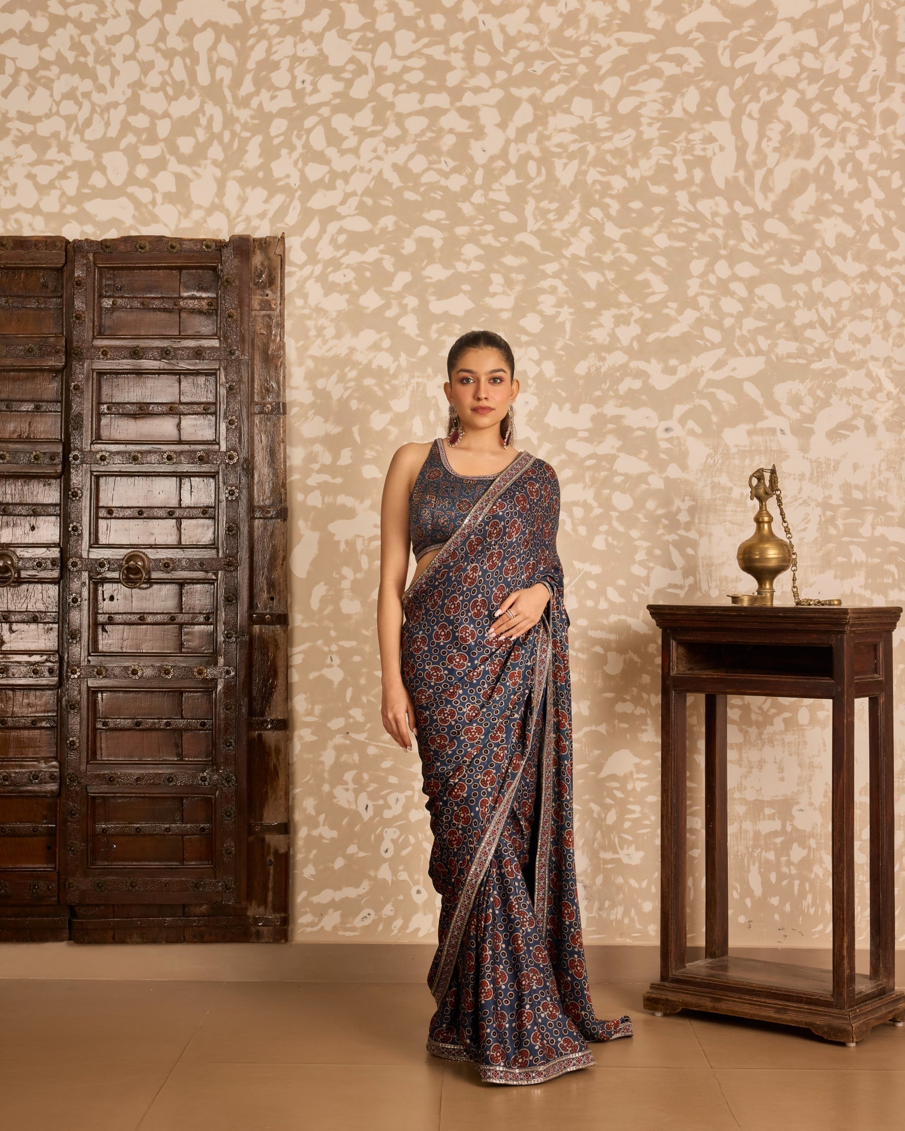 Round neck blouse with saree at Kamakhyaa by Akashi Clothing. This item is Ajrakh by Akashi Clothing, Under $150