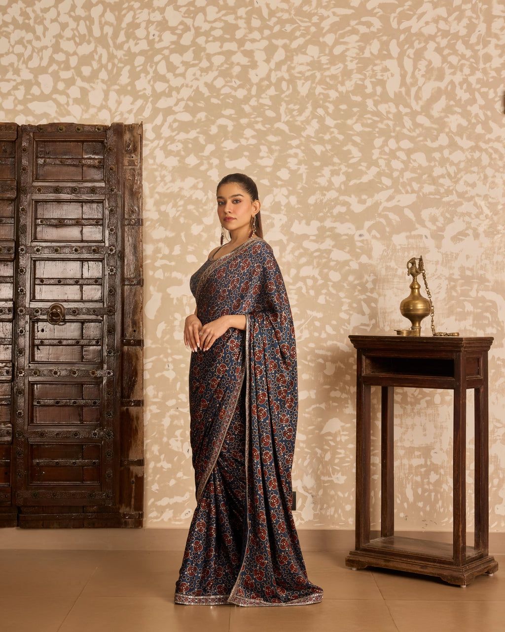 Round neck blouse with saree at Kamakhyaa by Akashi Clothing. This item is Ajrakh by Akashi Clothing, Under $150