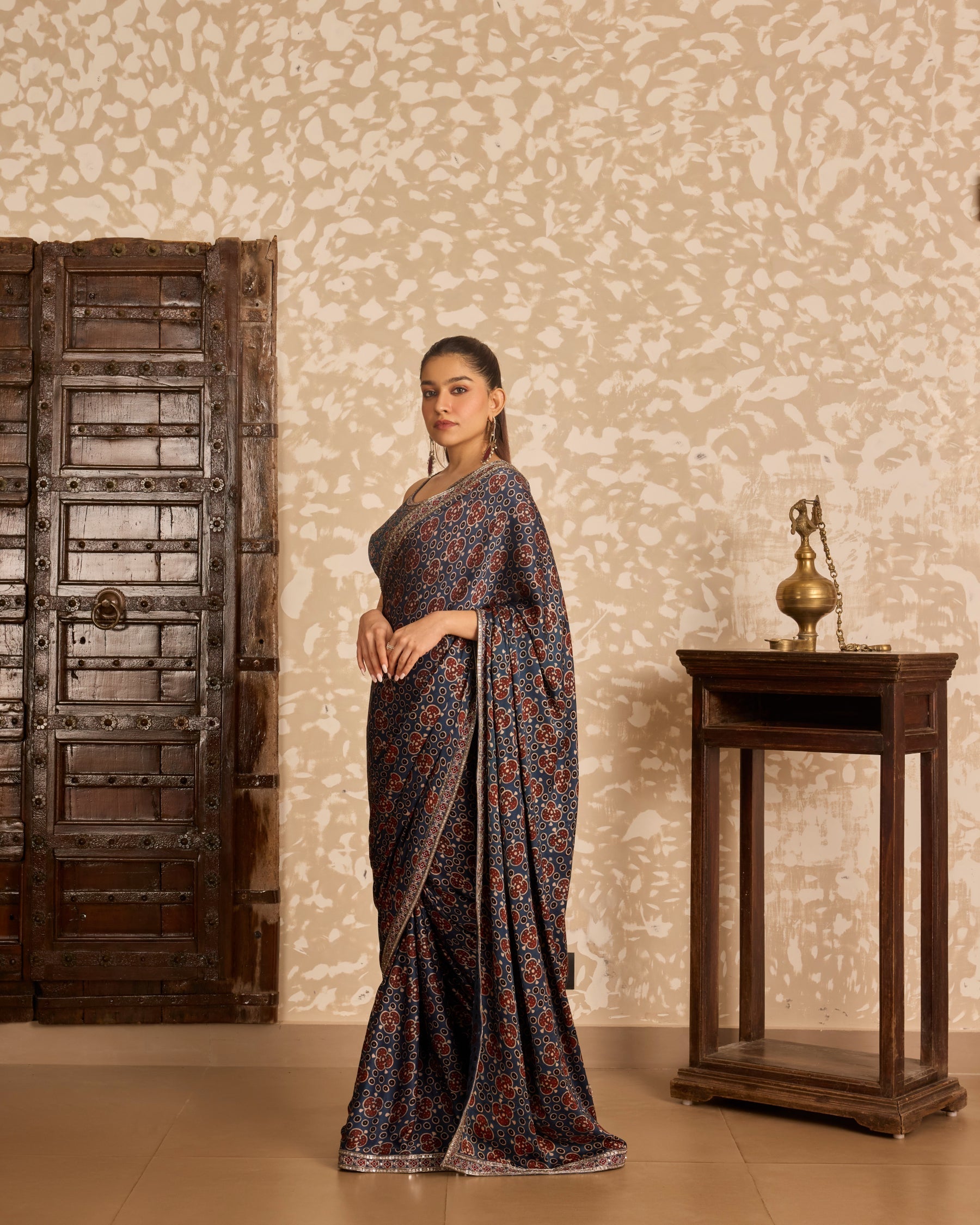 Round neck blouse with saree at Kamakhyaa by Akashi Clothing. This item is Ajrakh by Akashi Clothing, Under $150