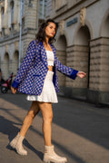 Royal Blue Work Wear Ikat Blazer at Kamakhyaa by Krushnachuda. This item is Blue, Handloom Cotton, Ikat Print, Jackets, Natural Dye, Organic, Regular Fit, Work Wear