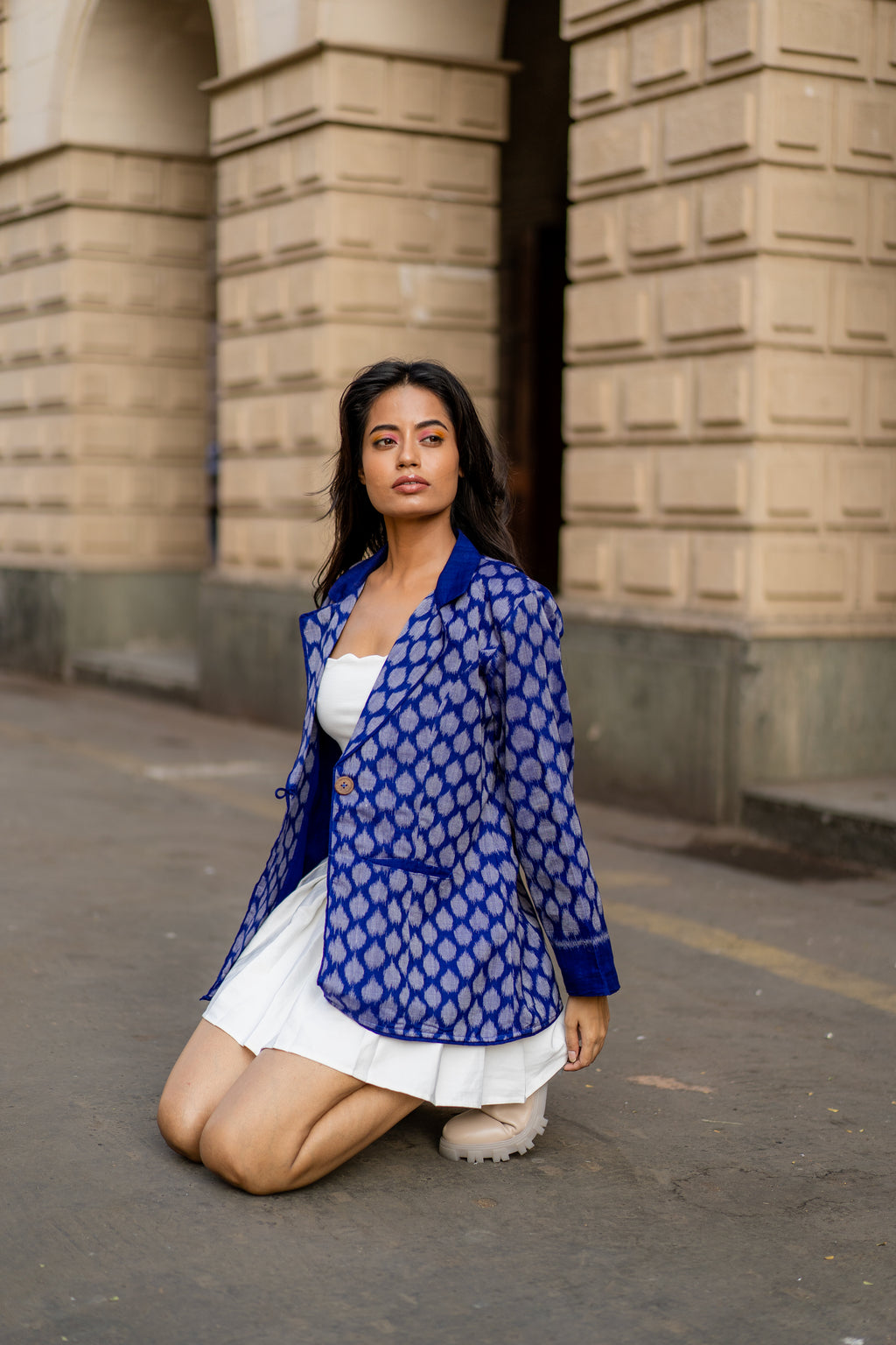 Royal Blue Work Wear Ikat Blazer at Kamakhyaa by Krushnachuda. This item is Blue, Handloom Cotton, Ikat Print, Jackets, Natural Dye, Organic, Regular Fit, Work Wear
