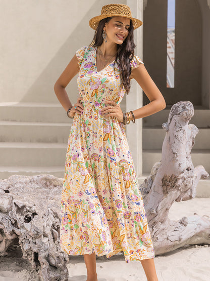 Ruched Printed Cap Sleeve Midi Dress at Kamakhyaa by Trendsi. This item is H.R.Z, Ship From Overseas, Trendsi