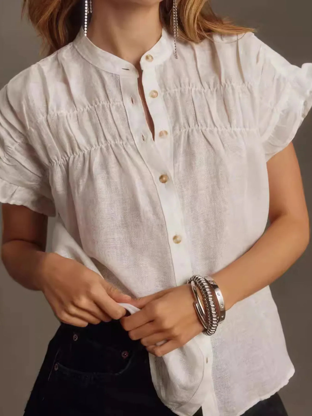 Ruffled Short Sleeve Button Up Shirt at kamakhyaa.com by Trendsi. This item is Shake Shake, Ship From Overseas, Under $50