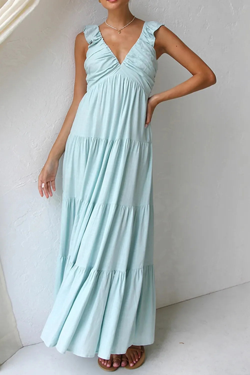 Ruffled V-Neck Tiered Dress at kamakhyaa.com by Trendsi. This item is Denim Heritage, Ship From Overseas, Under $50