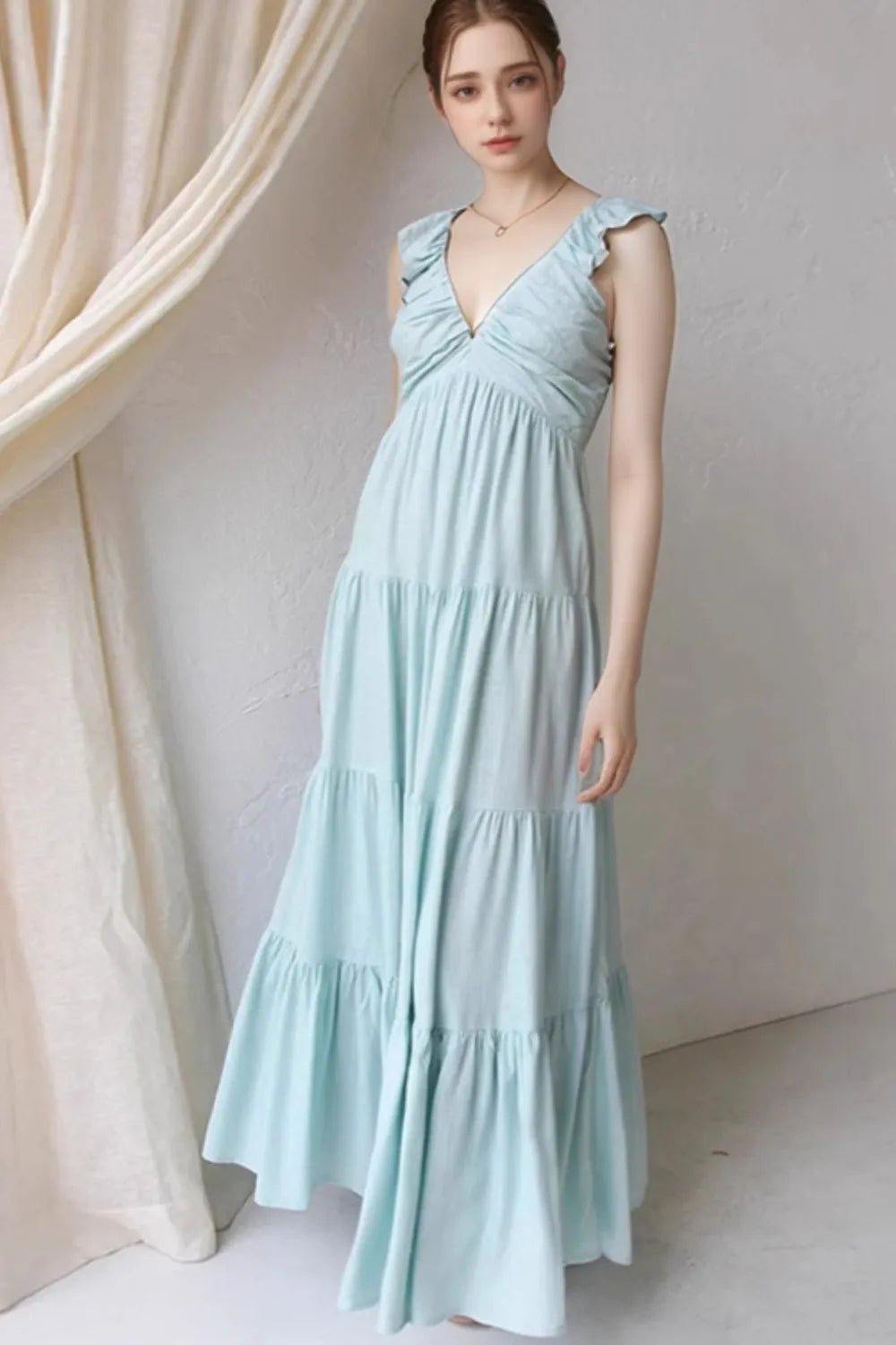 Ruffled V-Neck Tiered Dress at kamakhyaa.com by Trendsi. This item is Denim Heritage, Ship From Overseas, Under $50