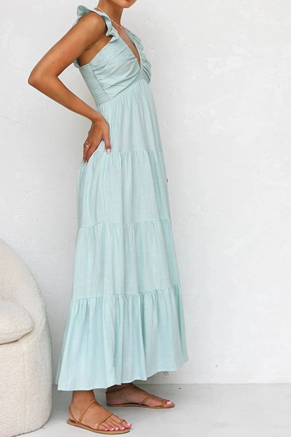 Ruffled V-Neck Tiered Dress at kamakhyaa.com by Trendsi. This item is Denim Heritage, Ship From Overseas, Under $50