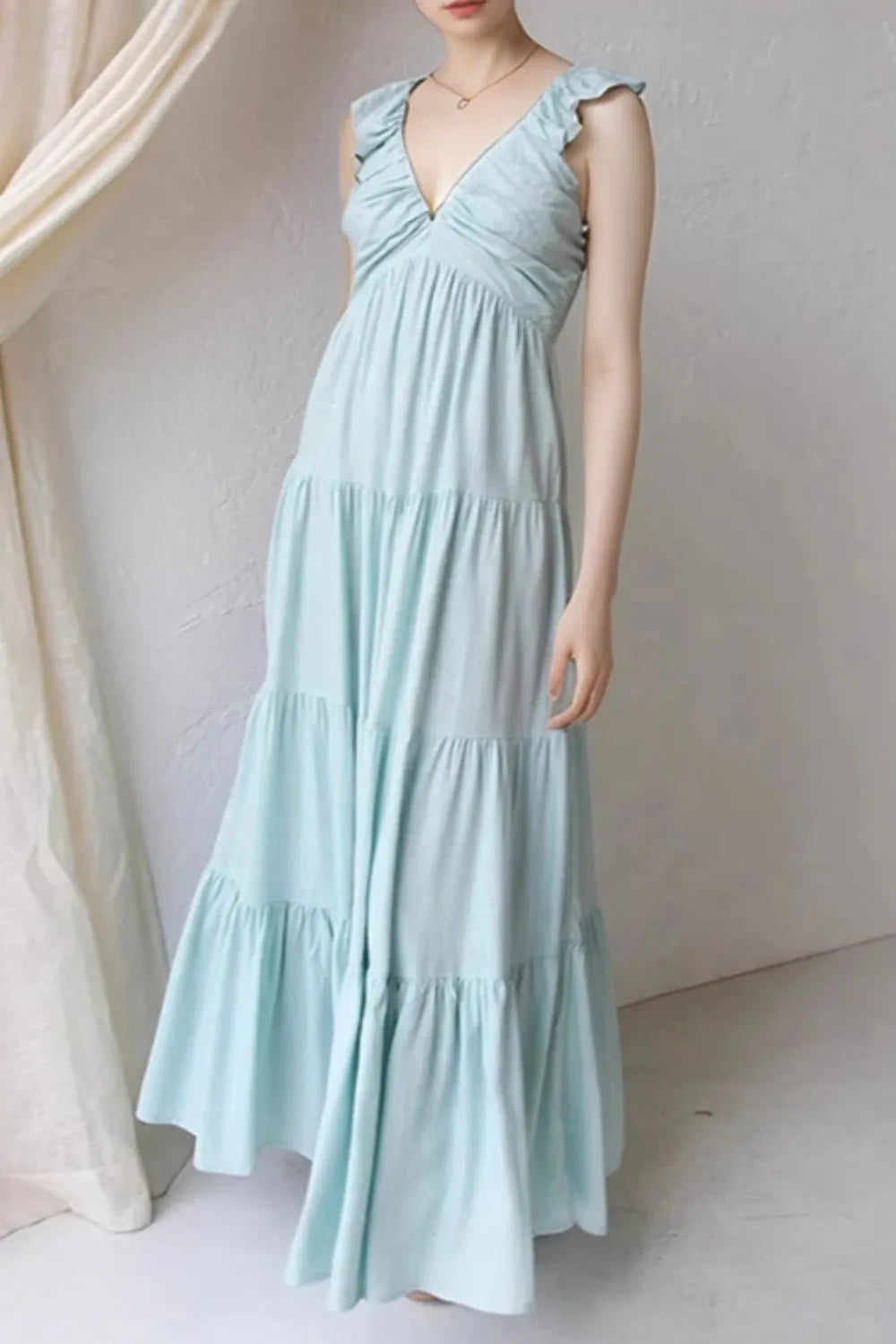 Ruffled V-Neck Tiered Dress at kamakhyaa.com by Trendsi. This item is Denim Heritage, Ship From Overseas, Under $50