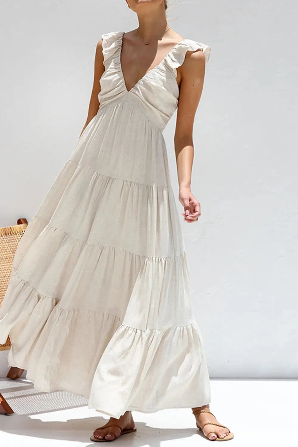Ruffled V-Neck Tiered Dress at kamakhyaa.com by Trendsi. This item is Denim Heritage, Ship From Overseas, Under $50