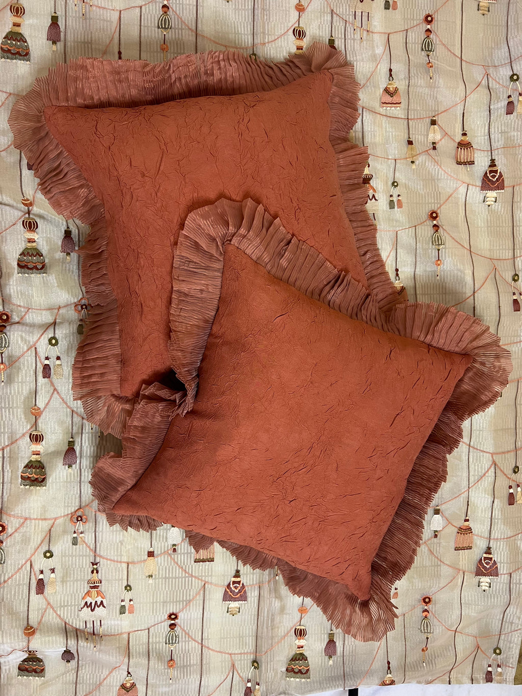 Rustic Ruffle Cushion Cover Sets at Kamakhyaa by Aetherea. This item is Cotton, Cushion, Cushion covers, Home, Orange, Plain, Ruffles, Solid, Upcycled