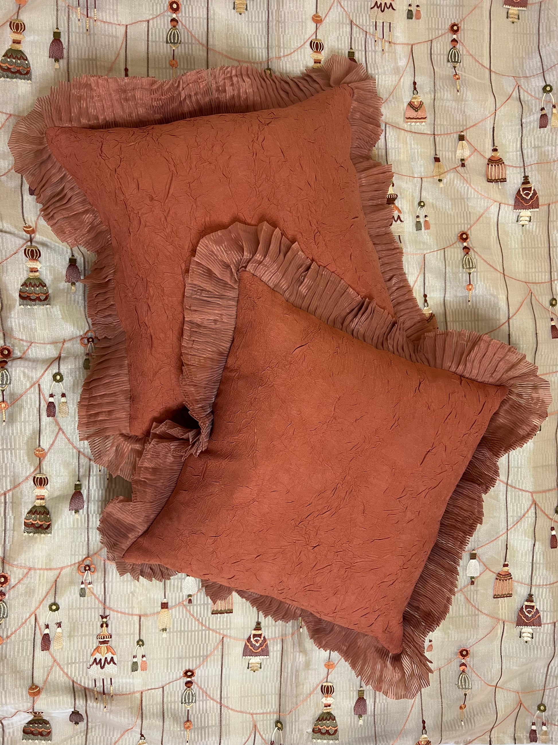 Rustic Ruffle Cushion Cover Sets at Kamakhyaa by Aetherea. This item is Cotton, Cushion, Cushion covers, Home, Orange, Plain, Ruffles, Solid, Upcycled