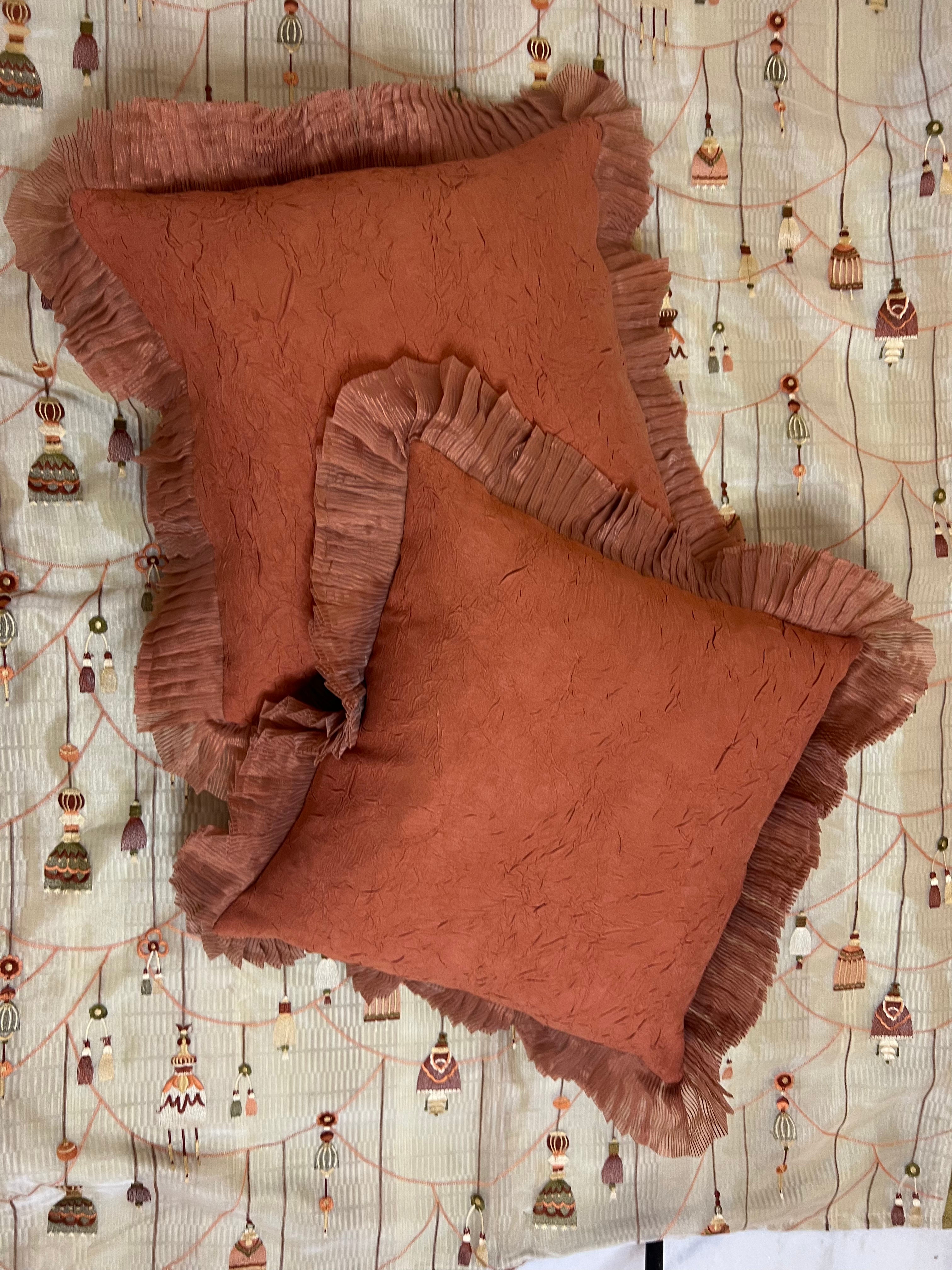 Rustic Ruffle Cushion Cover Sets at Kamakhyaa by Aetherea. This item is Cotton, Cushion, Cushion covers, Home, Orange, Plain, Ruffles, Solid, Upcycled