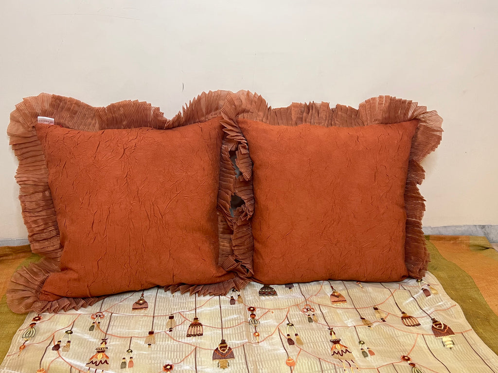 Rustic Ruffle Cushion Cover Sets at Kamakhyaa by Aetherea. This item is Cotton, Cushion, Cushion covers, Home, Orange, Plain, Ruffles, Solid, Upcycled