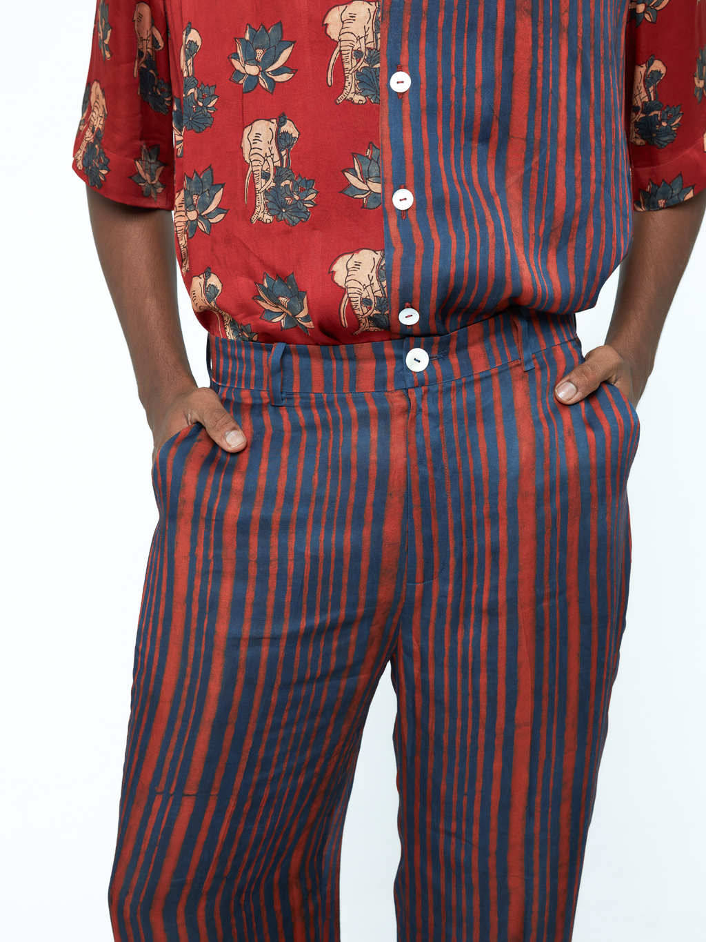 Rustic Tapered Pants at Kamakhyaa by Anushé Pirani. This item is Bloom After Dark by Anushe Pirani, Menswear, Midnight Blueprint, Pants, Under $50