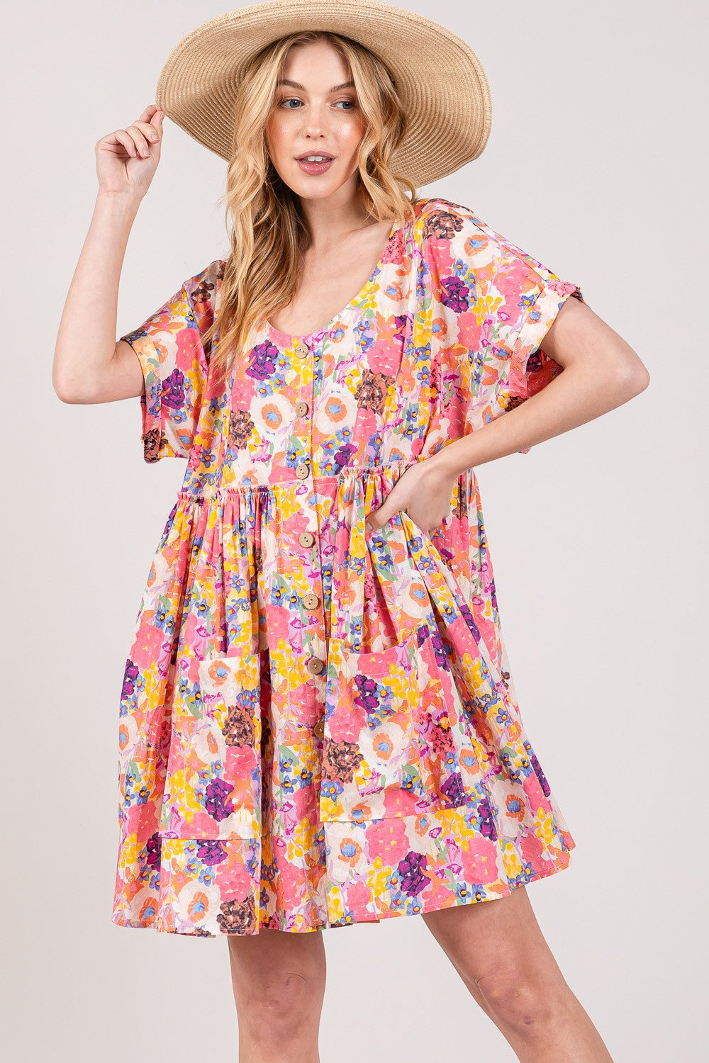 SAGE + FIG Floral Short Sleeve Babydoll Dress with Pockets at Kamakhyaa by Trendsi. This item is SAGE+FIG, Ship from USA, Trendsi