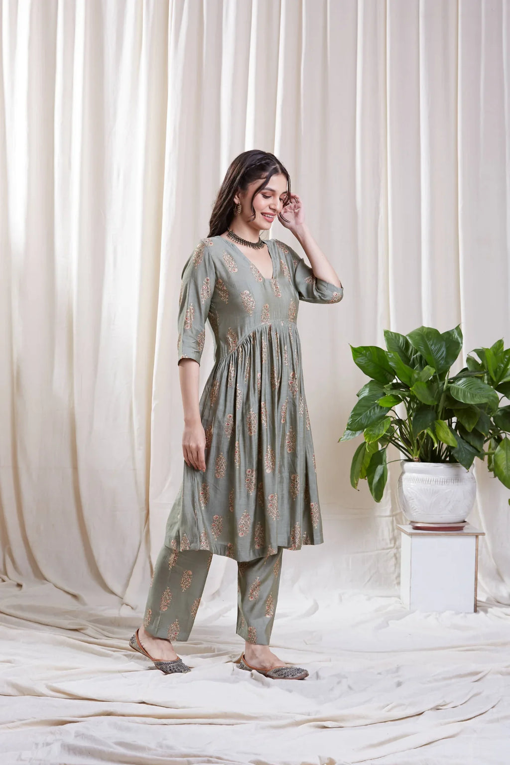 Sage Green Kurta Set at Kamakhyaa by Hasttvam. This item is Natural dyes, Relaxed Fit, Respondible production and Vegan, Silk ViscoseFloralFestive WearGreenHandmade by artisans