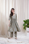 Sage Green Kurta Set at Kamakhyaa by Hasttvam. This item is Natural dyes, Relaxed Fit, Respondible production and Vegan, Silk ViscoseFloralFestive WearGreenHandmade by artisans