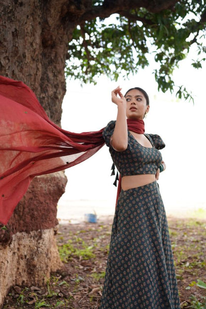 Sage Green Lehenga Set at Kamakhyaa by Hasttvam. This item is CottonFloralFestive WearGreenHandmade by artisans, Natural dyes, Relaxed Fit, Respondible production and Vegan